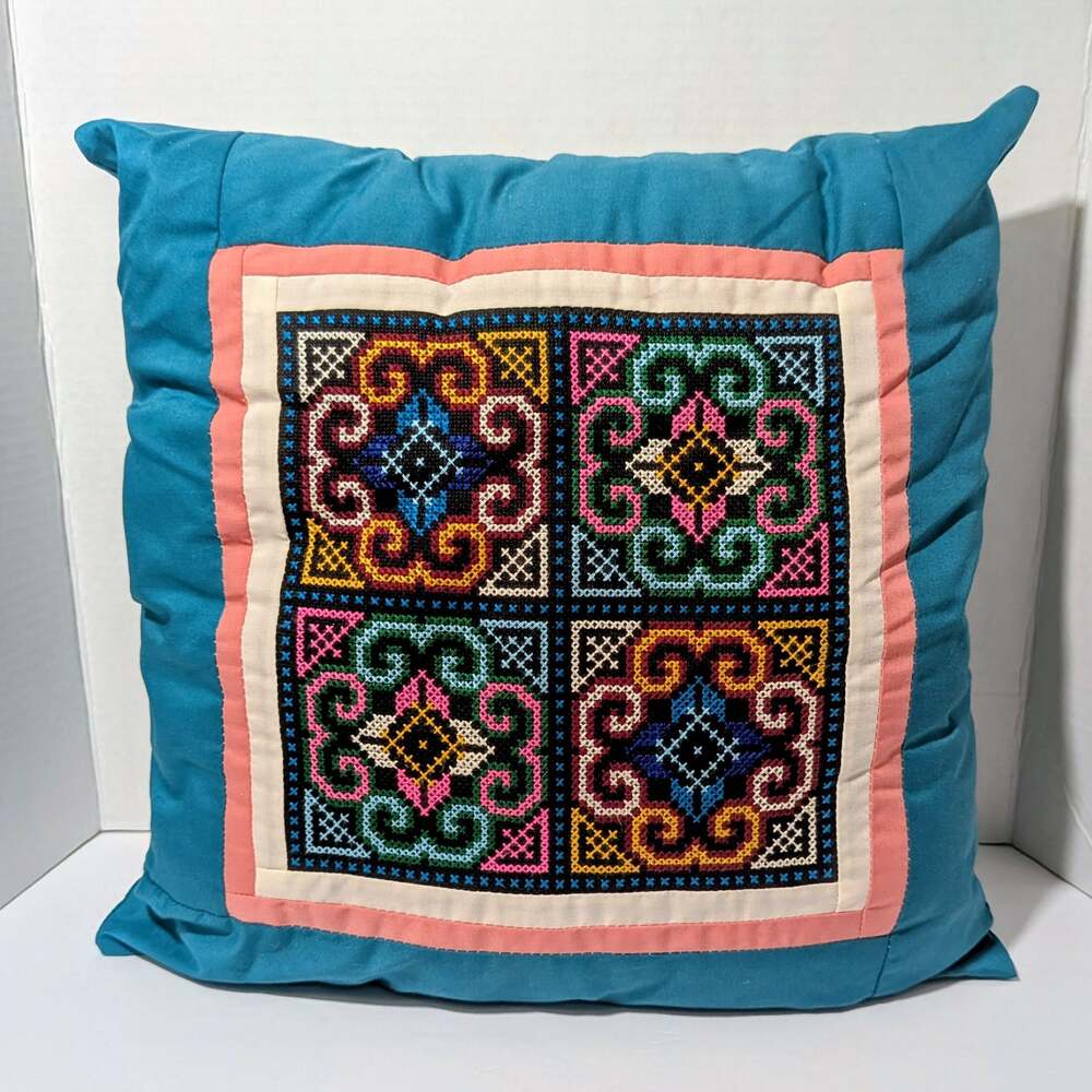 Vintage Hmong Throw Pillow Cross Stitch Handmade Teal Pink Embroidery Colorful